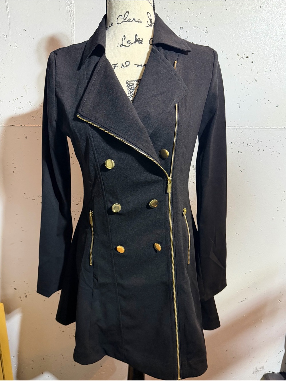 Love Tree Black Double-Breasted Pea Coat with Gold Hardware